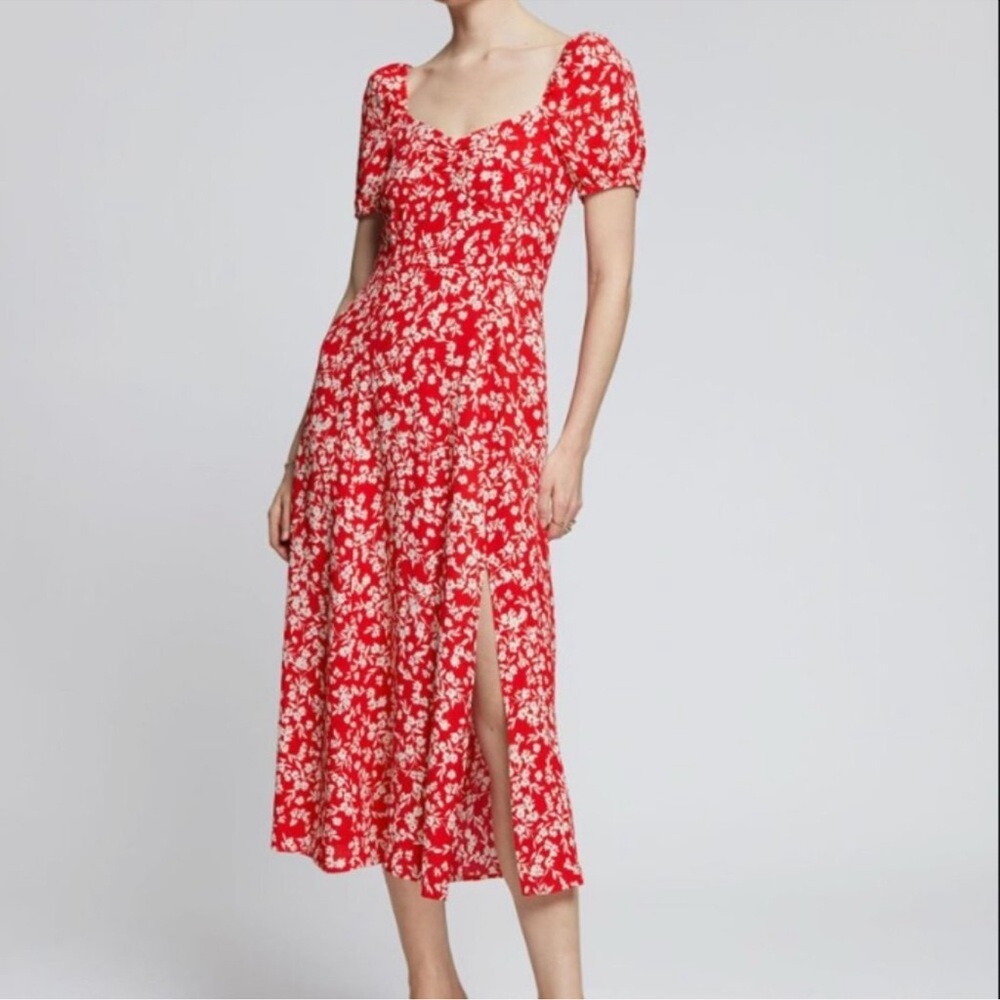 & Other Stories Red Floral Puff Sleeve Slit Midi Dress size 12 - Picture 2 of 13